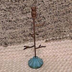 Charming Owl And Tree Brass Jewelry Stand with Blue Green Base